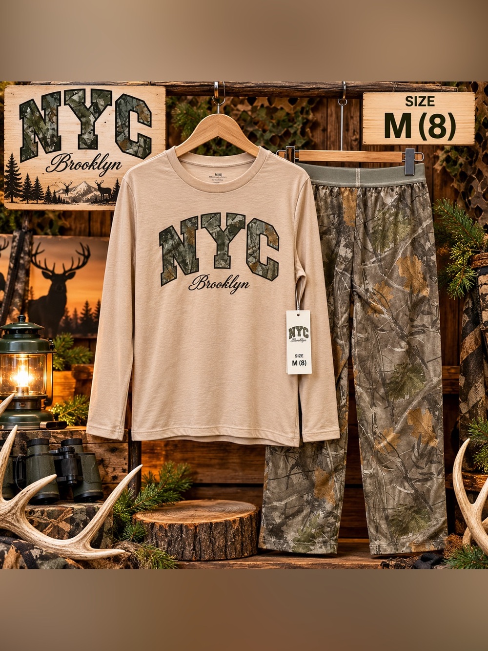 Boys NYC Brooklyn Camo Pajama Set Size M 8 Beige Flame Resistant 2PC NWT